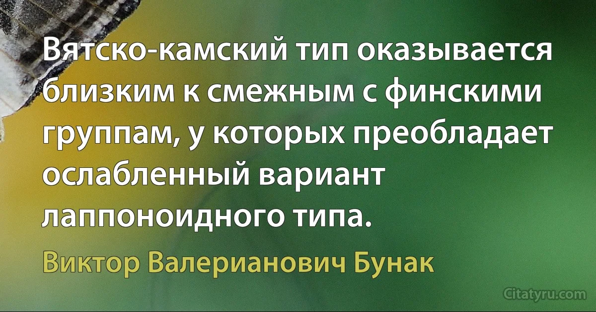 Вятско-камский тип оказывается близким к смежным с финскими группам, у которых преобладает ослабленный вариант лаппоноидного типа. (Виктор Валерианович Бунак)