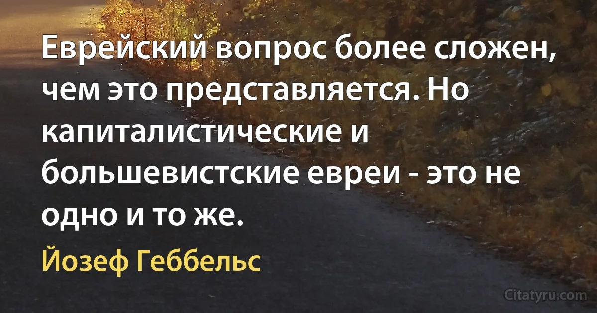 Еврейский вопрос более сложен, чем это представляется. Но капиталистические и большевистские евреи - это не одно и то же. (Йозеф Геббельс)