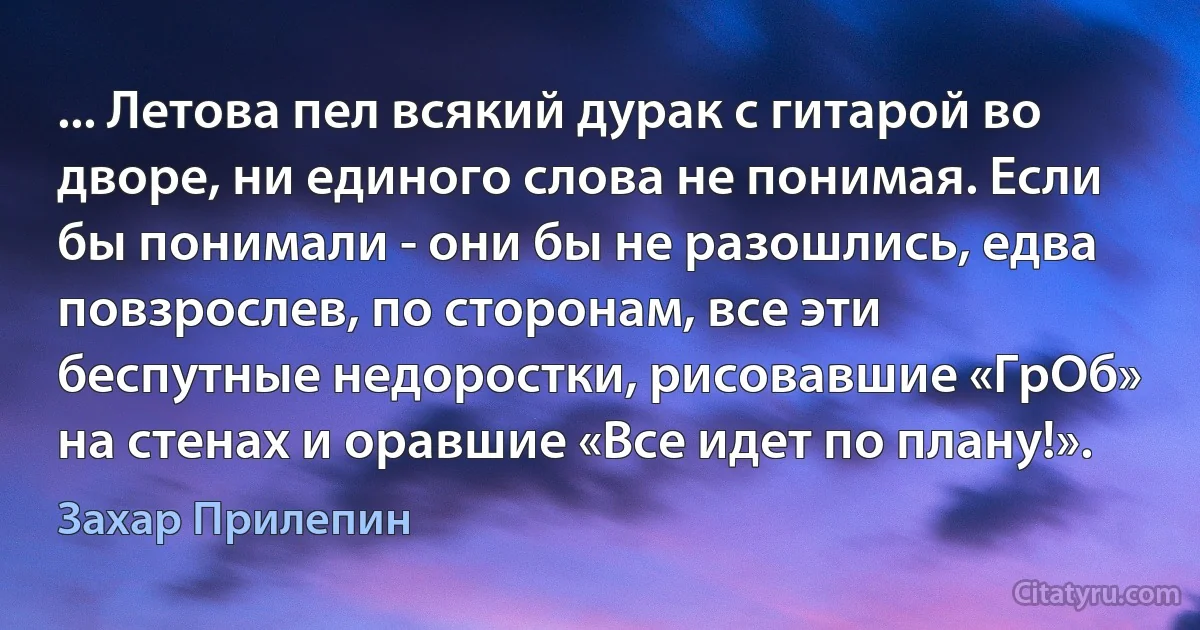 ... Летова пел всякий дурак с гитарой во дворе, ни единого слова не понимая. Если бы понимали - они бы не разошлись, едва повзрослев, по сторонам, все эти беспутные недоростки, рисовавшие «ГрОб» на стенах и оравшие «Все идет по плану!». (Захар Прилепин)