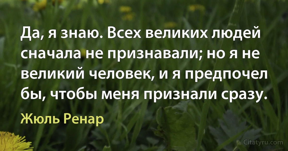 Да, я знаю. Всех великих людей сначала не признавали; но я не великий человек, и я предпочел бы, чтобы меня признали сразу. (Жюль Ренар)