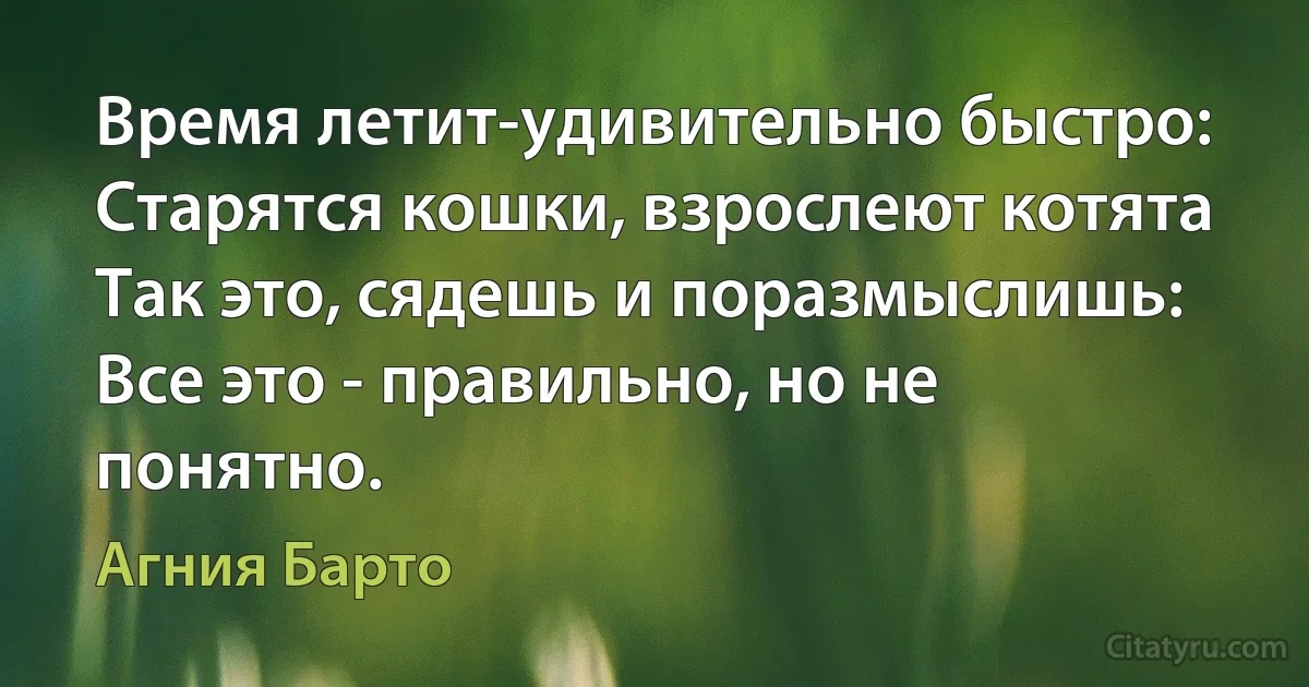 Время летит-удивительно быстро:
Старятся кошки, взрослеют котята
Так это, сядешь и поразмыслишь:
Все это - правильно, но не понятно. (Агния Барто)