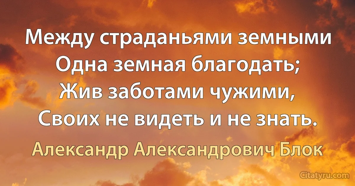 Между страданьями земными
Одна земная благодать;
Жив заботами чужими,
Своих не видеть и не знать. (Александр Александрович Блок)