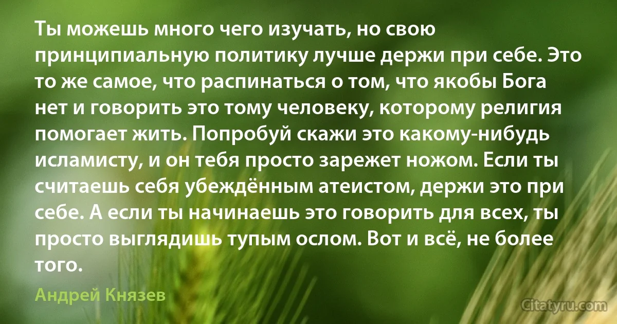 Ты можешь много чего изучать, но свою принципиальную политику лучше держи при себе. Это то же самое, что распинаться о том, что якобы Бога нет и говорить это тому человеку, которому религия помогает жить. Попробуй скажи это какому-нибудь исламисту, и он тебя просто зарежет ножом. Если ты считаешь себя убеждённым атеистом, держи это при себе. А если ты начинаешь это говорить для всех, ты просто выглядишь тупым ослом. Вот и всё, не более того. (Андрей Князев)