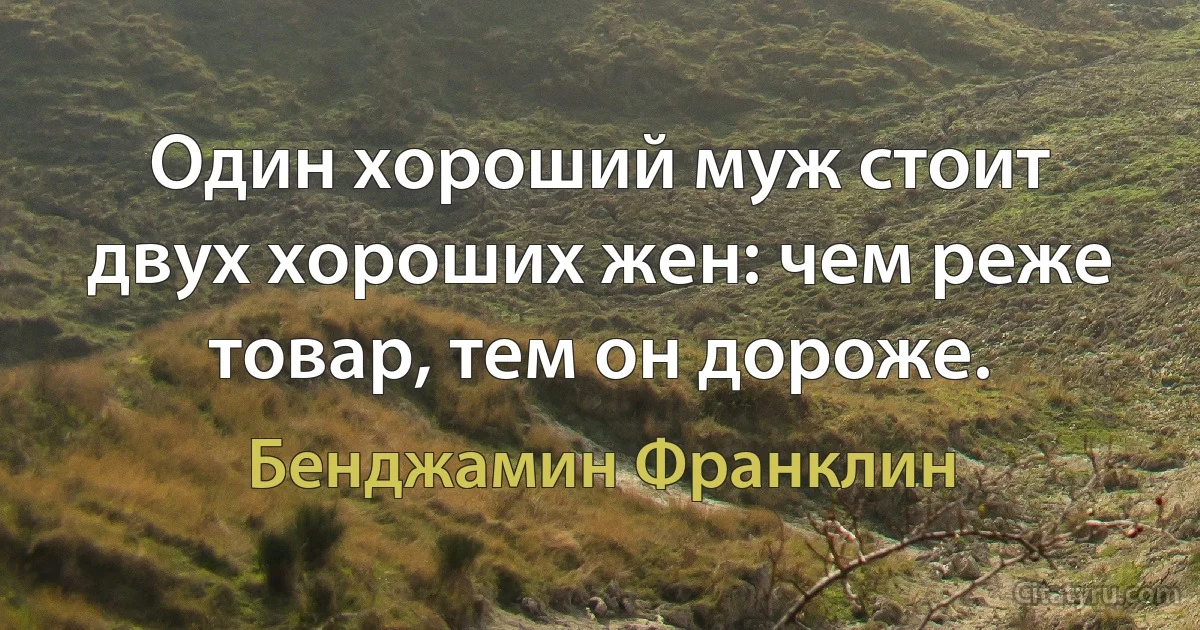 Один хороший муж стоит двух хороших жен: чем реже товар, тем он дороже. (Бенджамин Франклин)