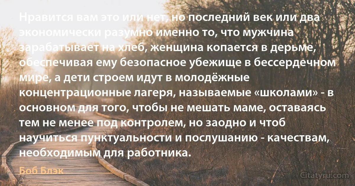 Нравится вам это или нет, но последний век или два экономически разумно именно то, что мужчина зарабатывает на хлеб, женщина копается в дерьме, обеспечивая ему безопасное убежище в бессердечном мире, а дети строем идут в молодёжные концентрационные лагеря, называемые «школами» - в основном для того, чтобы не мешать маме, оставаясь тем не менее под контролем, но заодно и чтоб научиться пунктуальности и послушанию - качествам, необходимым для работника. (Боб Блэк)