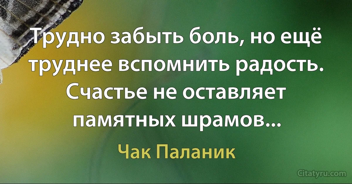 Трудно забыть боль, но ещё труднее вспомнить радость. Счастье не оставляет памятных шрамов... (Чак Паланик)