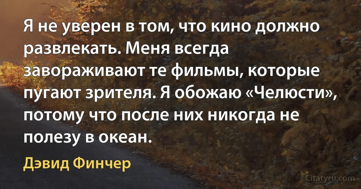 Я не уверен в том, что кино должно развлекать. Меня всегда завораживают те фильмы, которые пугают зрителя. Я обожаю «Челюсти», потому что после них никогда не полезу в океан. (Дэвид Финчер)