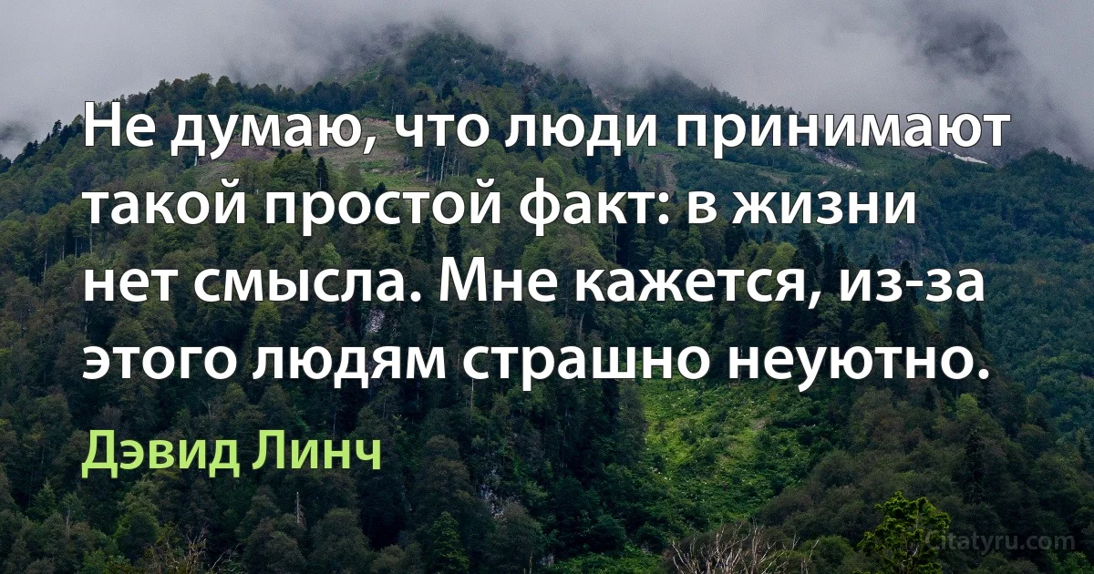 Не думаю, что люди принимают такой простой факт: в жизни нет смысла. Мне кажется, из-за этого людям страшно неуютно. (Дэвид Линч)