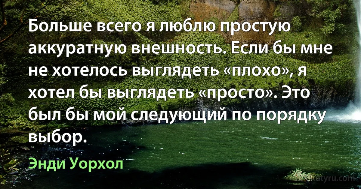 Больше всего я люблю простую аккуратную внешность. Если бы мне не хотелось выглядеть «плохо», я хотел бы выглядеть «просто». Это был бы мой следующий по порядку выбор. (Энди Уорхол)