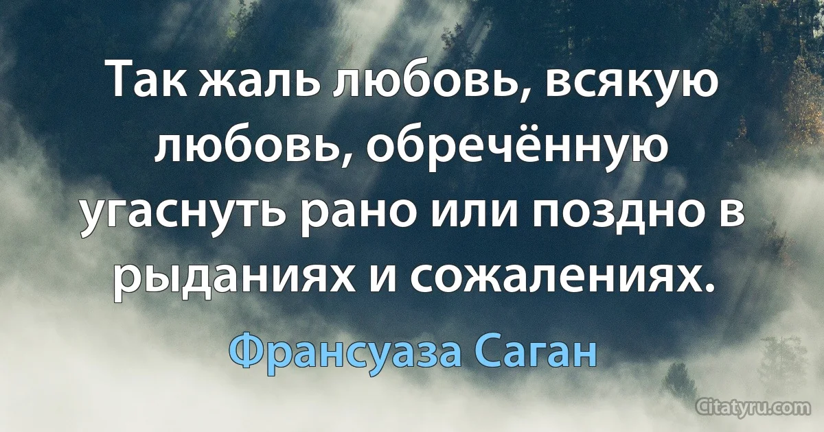 Так жаль любовь, всякую любовь, обречённую угаснуть рано или поздно в рыданиях и сожалениях. (Франсуаза Саган)