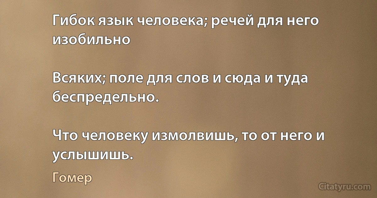 Гибок язык человека; речей для него изобильно

Всяких; поле для слов и сюда и туда беспредельно.

Что человеку измолвишь, то от него и услышишь. (Гомер)