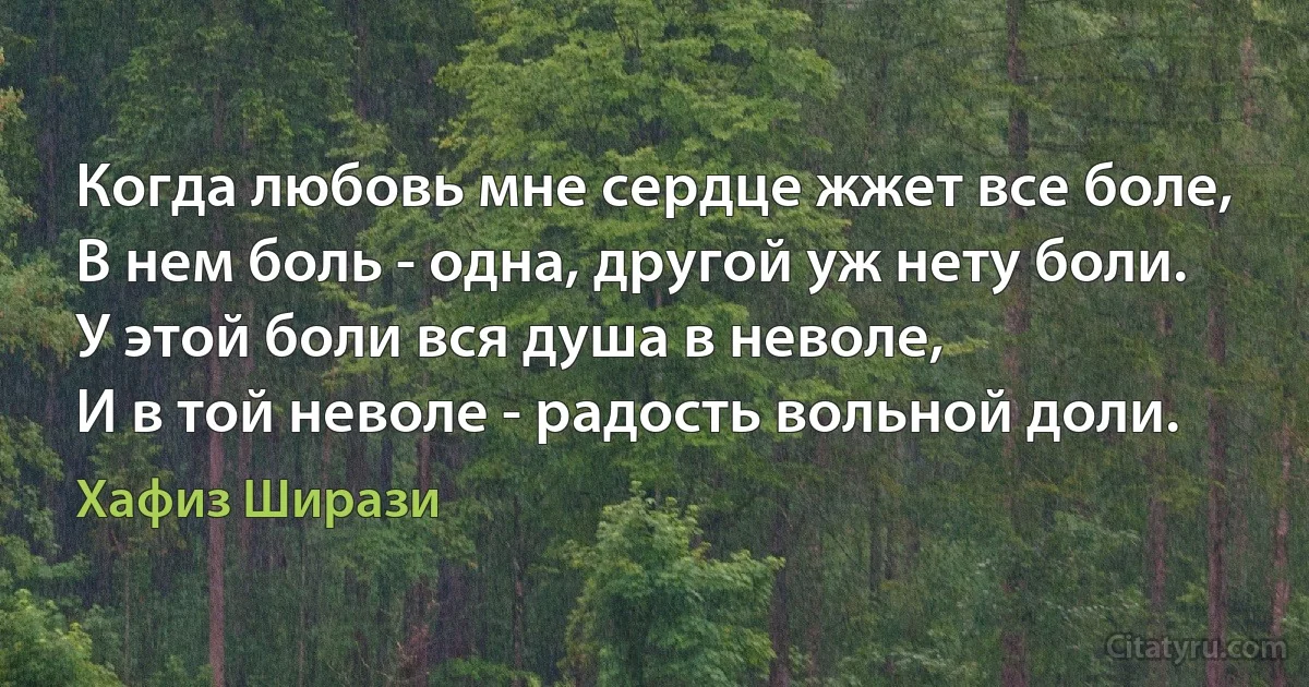 Когда любовь мне сердце жжет все боле,
В нем боль - одна, другой уж нету боли.
У этой боли вся душа в неволе,
И в той неволе - радость вольной доли. (Хафиз Ширази)