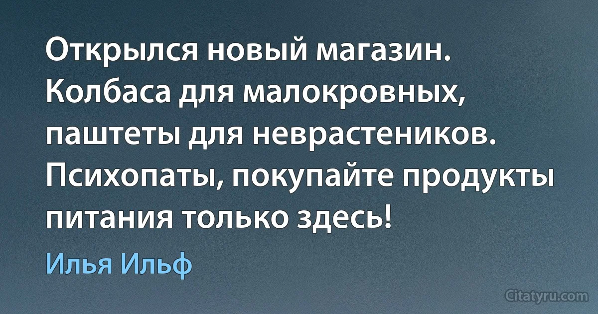 Открылся новый магазин. Колбаса для малокровных, паштеты для неврастеников. Психопаты, покупайте продукты питания только здесь! (Илья Ильф)