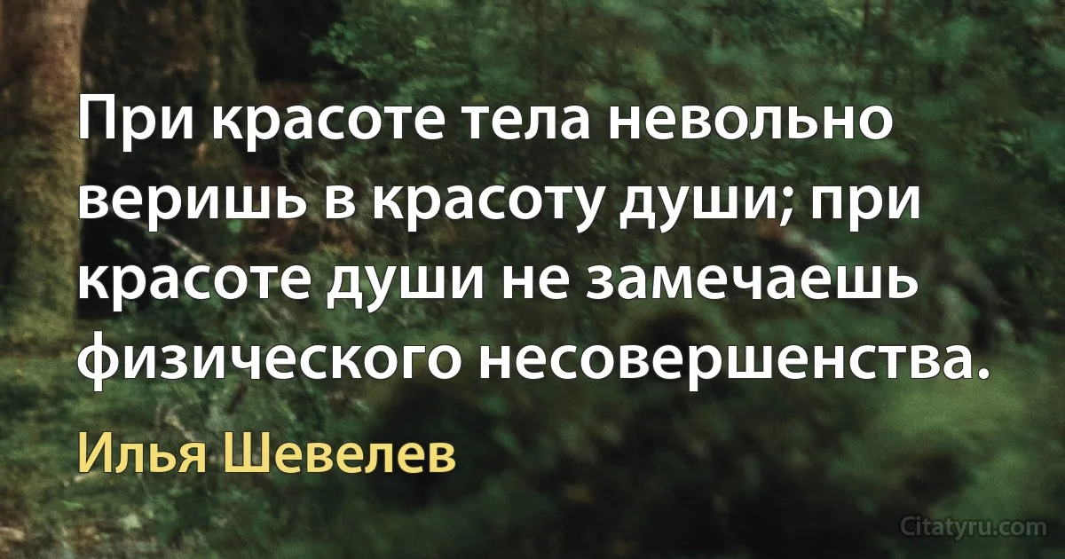 При красоте тела невольно веришь в красоту души; при красоте души не замечаешь физического несовершенства. (Илья Шевелев)