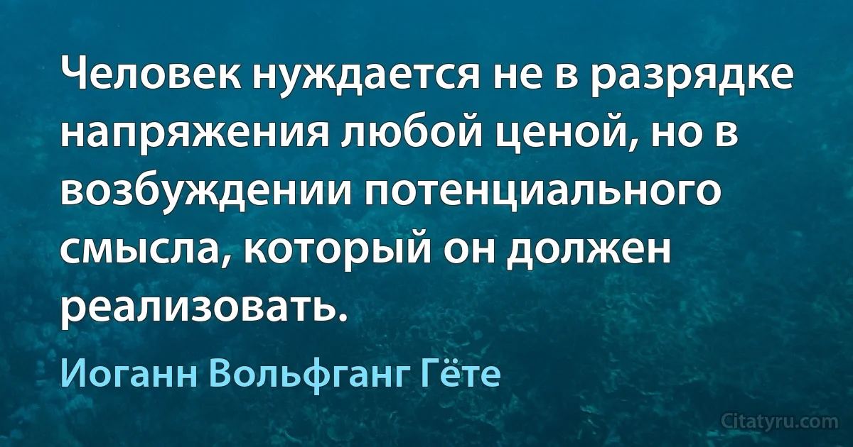 Человек нуждается не в разрядке напряжения любой ценой, но в возбуждении потенциального смысла, который он должен реализовать. (Иоганн Вольфганг Гёте)