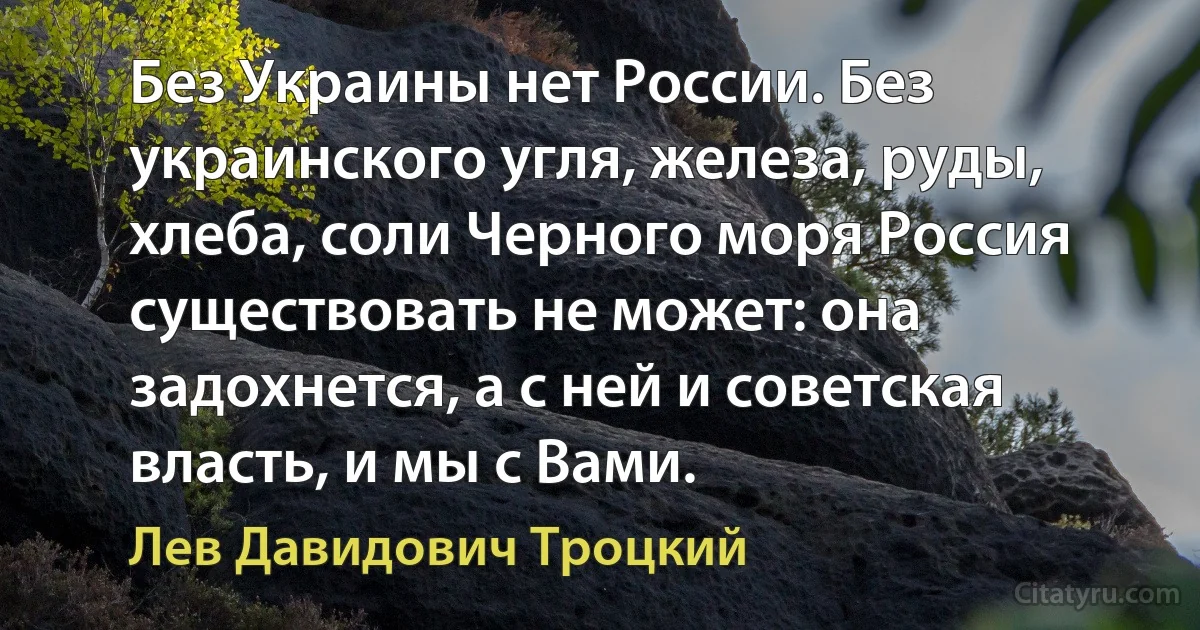 Без Украины нет России. Без украинского угля, железа, руды, хлеба, соли Черного моря Россия существовать не может: она задохнется, а с ней и советская власть, и мы с Вами. (Лев Давидович Троцкий)