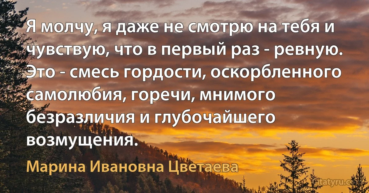 Я молчу, я даже не смотрю на тебя и чувствую, что в первый раз - ревную. Это - смесь гордости, оскорбленного самолюбия, горечи, мнимого безразличия и глубочайшего возмущения. (Марина Ивановна Цветаева)