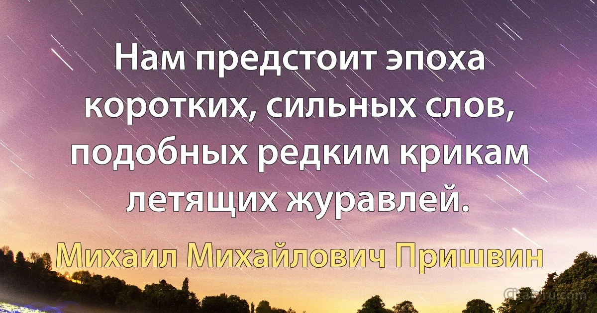 Нам предстоит эпоха коротких, сильных слов, подобных редким крикам летящих журавлей. (Михаил Михайлович Пришвин)