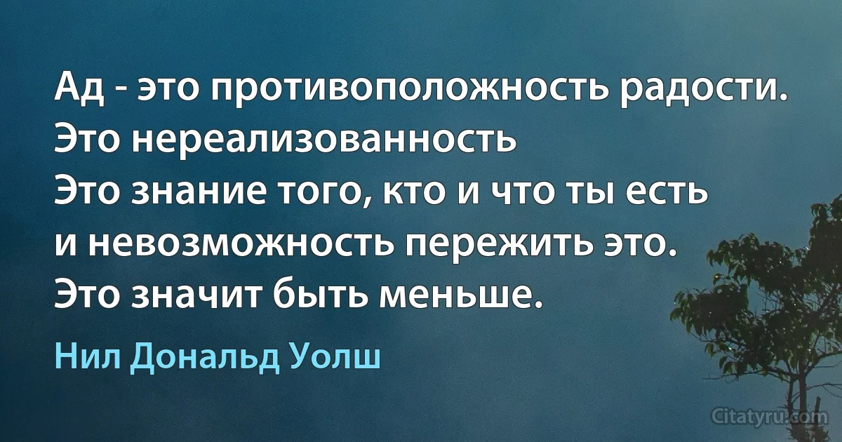 Ад - это противоположность радости. 
Это нереализованность
Это знание того, кто и что ты есть 
и невозможность пережить это.
Это значит быть меньше. (Нил Дональд Уолш)