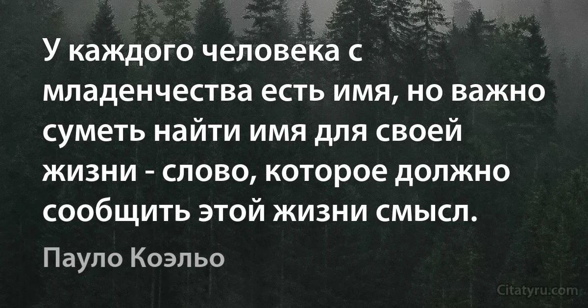 У каждого человека с младенчества есть имя, но важно суметь найти имя для своей жизни - слово, которое должно сообщить этой жизни смысл. (Пауло Коэльо)