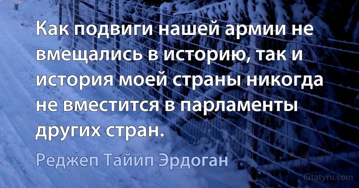 Как подвиги нашей армии не вмещались в историю, так и история моей страны никогда не вместится в парламенты других стран. (Реджеп Тайип Эрдоган)