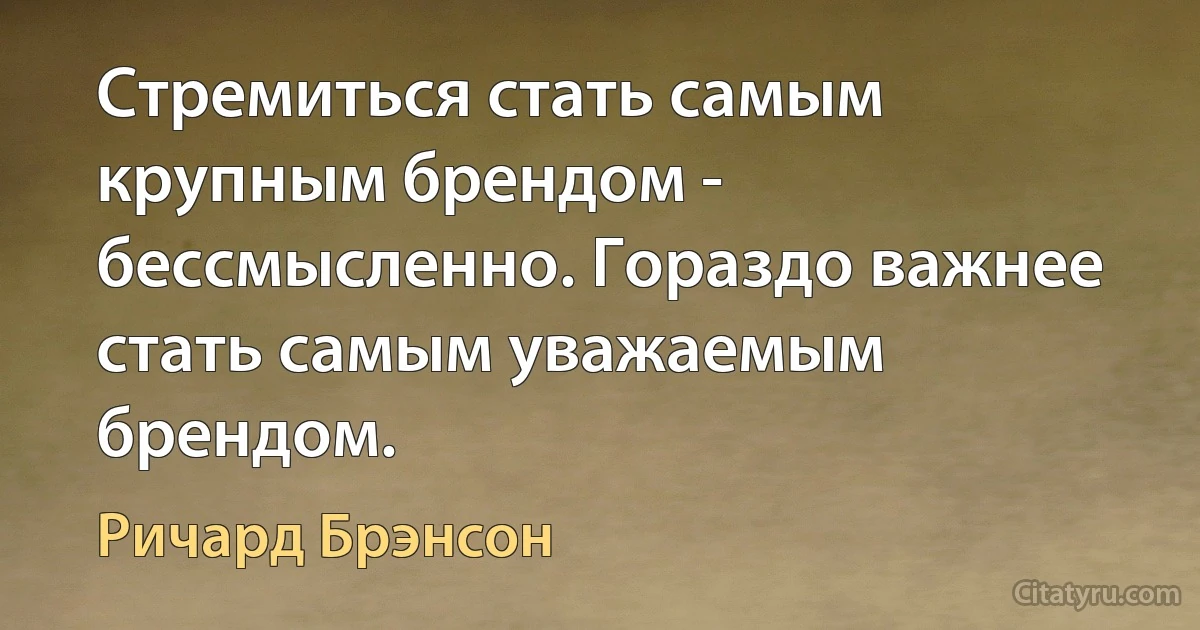 Стремиться стать самым крупным брендом - бессмысленно. Гораздо важнее стать самым уважаемым брендом. (Ричард Брэнсон)