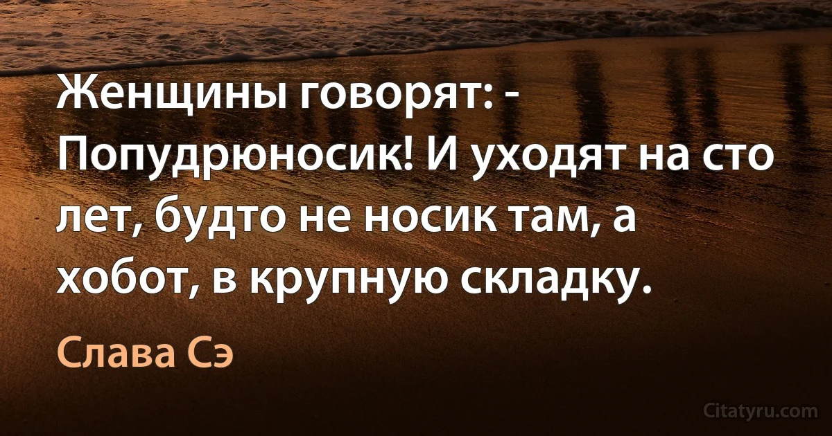 Женщины говорят: - Попудрюносик! И уходят на сто лет, будто не носик там, а хобот, в крупную складку. (Слава Сэ)