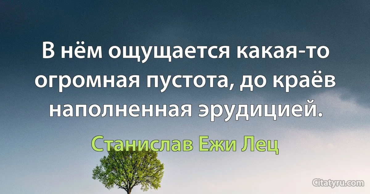 В нём ощущается какая-то огромная пустота, до краёв наполненная эрудицией. (Станислав Ежи Лец)