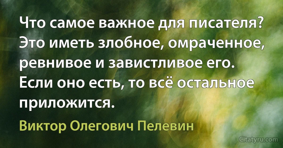 Что самое важное для писателя? Это иметь злобное, омраченное, ревнивое и завистливое его. Если оно есть, то всё остальное приложится. (Виктор Олегович Пелевин)