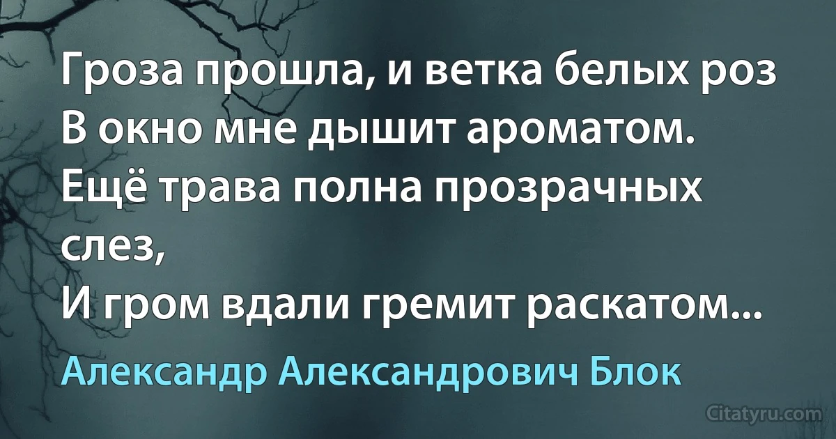 Гроза прошла, и ветка белых роз
В окно мне дышит ароматом.
Ещё трава полна прозрачных слез,
И гром вдали гремит раскатом... (Александр Александрович Блок)