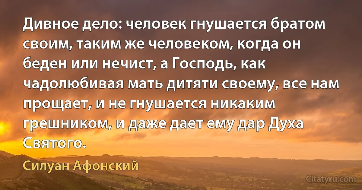 Дивное дело: человек гнушается братом своим, таким же человеком, когда он беден или нечист, а Господь, как чадолюбивая мать дитяти своему, все нам прощает, и не гнушается никаким грешником, и даже дает ему дар Духа Святого. (Силуан Афонский)