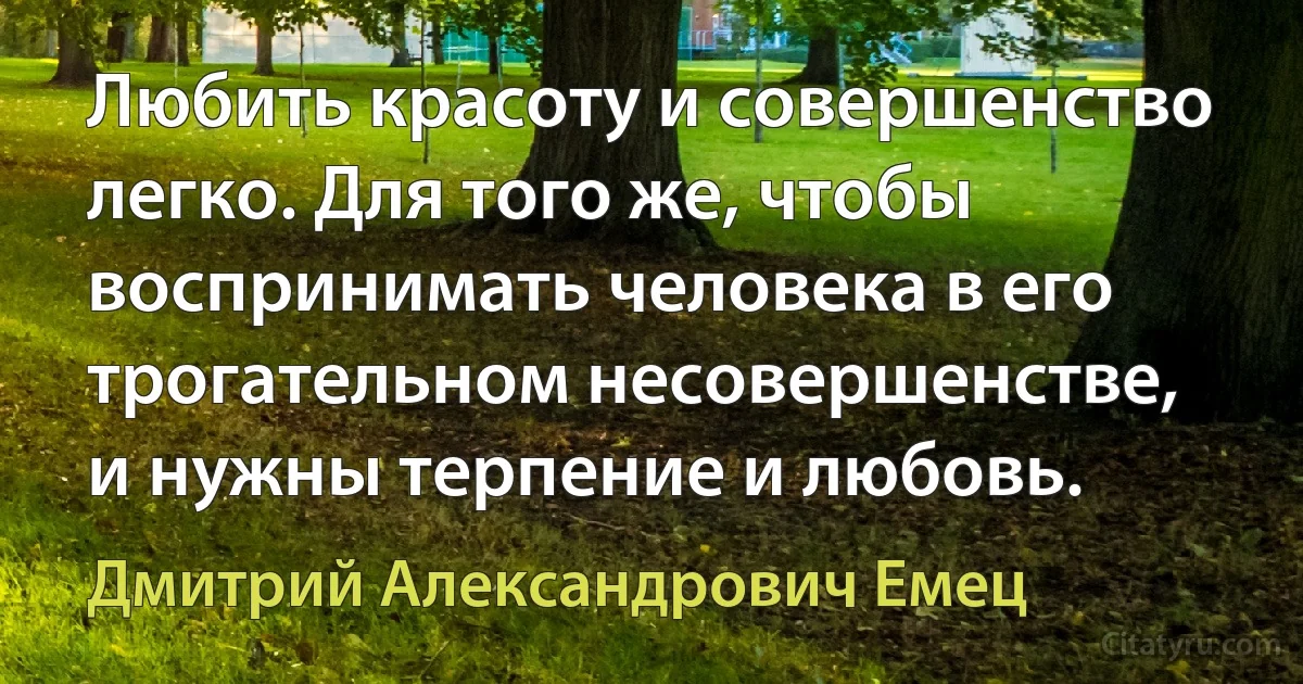 Любить красоту и совершенство легко. Для того же, чтобы воспринимать человека в его трогательном несовершенстве, и нужны терпение и любовь. (Дмитрий Александрович Емец)