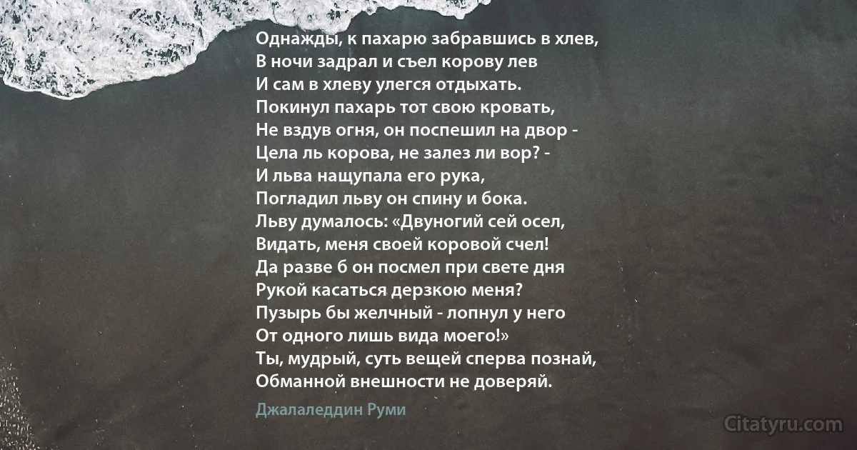 Однажды, к пахарю забравшись в хлев,
В ночи задрал и съел корову лев
И сам в хлеву улегся отдыхать.
Покинул пахарь тот свою кровать,
Не вздув огня, он поспешил на двор -
Цела ль корова, не залез ли вор? -
И льва нащупала его рука,
Погладил льву он спину и бока.
Льву думалось: «Двуногий сей осел,
Видать, меня своей коровой счел!
Да разве б он посмел при свете дня
Рукой касаться дерзкою меня?
Пузырь бы желчный - лопнул у него
От одного лишь вида моего!»
Ты, мудрый, суть вещей сперва познай,
Обманной внешности не доверяй. (Джалаледдин Руми)