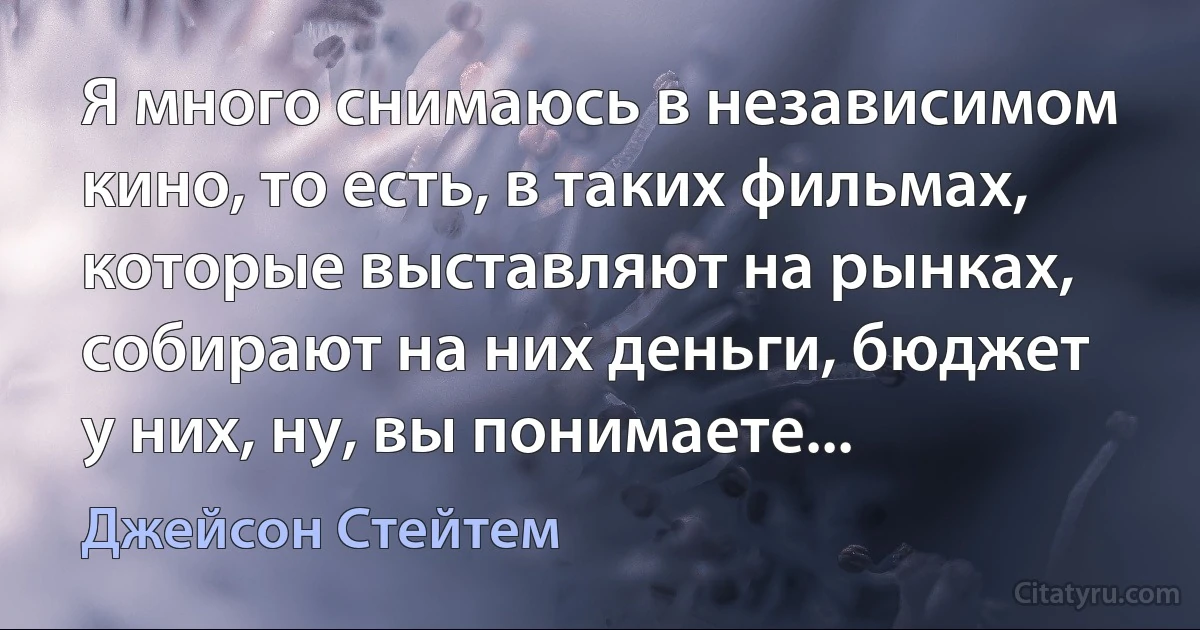 Я много снимаюсь в независимом кино, то есть, в таких фильмах, которые выставляют на рынках, собирают на них деньги, бюджет у них, ну, вы понимаете... (Джейсон Стейтем)