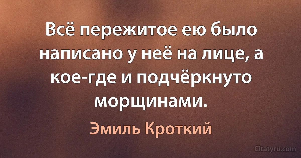 Всё пережитое ею было написано у неё на лице, а кое-где и подчёркнуто морщинами. (Эмиль Кроткий)