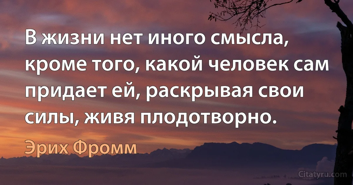 В жизни нет иного смысла, кроме того, какой человек сам придает ей, раскрывая свои силы, живя плодотворно. (Эрих Фромм)