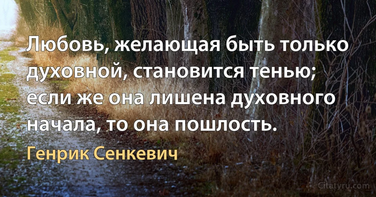 Любовь, желающая быть только духовной, становится тенью; если же она лишена духовного начала, то она пошлость. (Генрик Сенкевич)