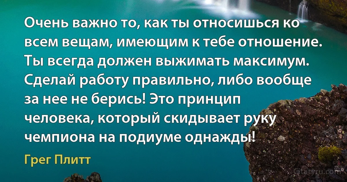 Очень важно то, как ты относишься ко всем вещам, имеющим к тебе отношение. Ты всегда должен выжимать максимум. Сделай работу правильно, либо вообще за нее не берись! Это принцип человека, который скидывает руку чемпиона на подиуме однажды! (Грег Плитт)