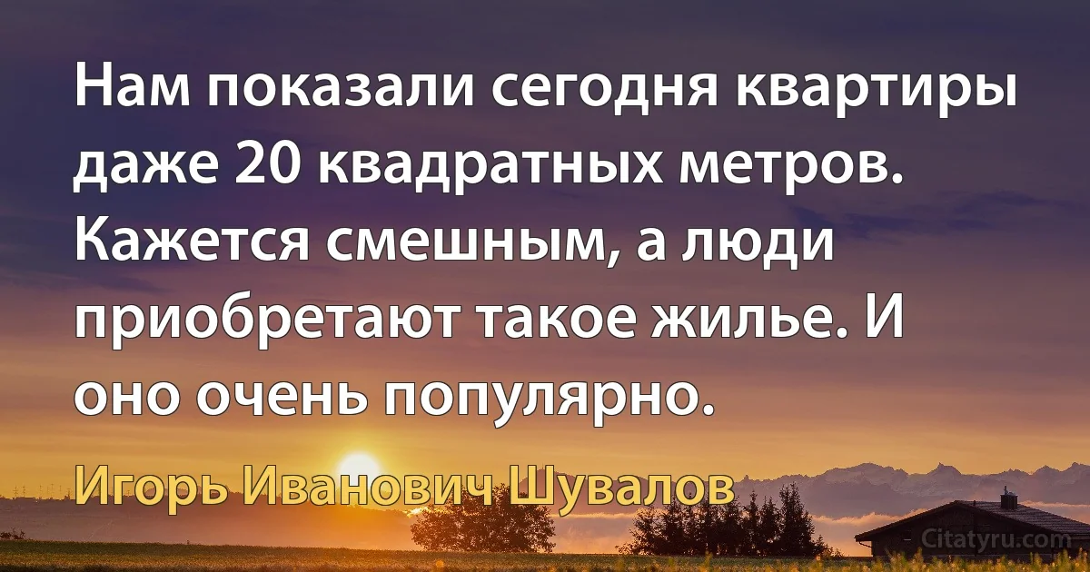 Нам показали сегодня квартиры даже 20 квадратных метров. Кажется смешным, а люди приобретают такое жилье. И оно очень популярно. (Игорь Иванович Шувалов)