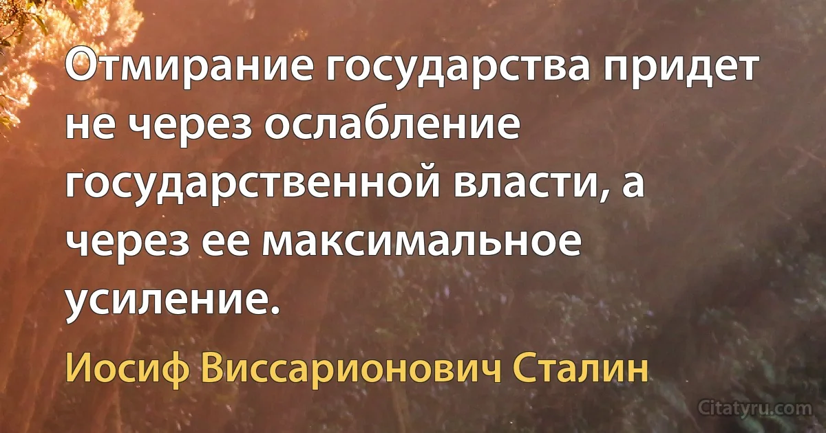 Отмирание государства придет не через ослабление государственной власти, а через ее максимальное усиление. (Иосиф Виссарионович Сталин)