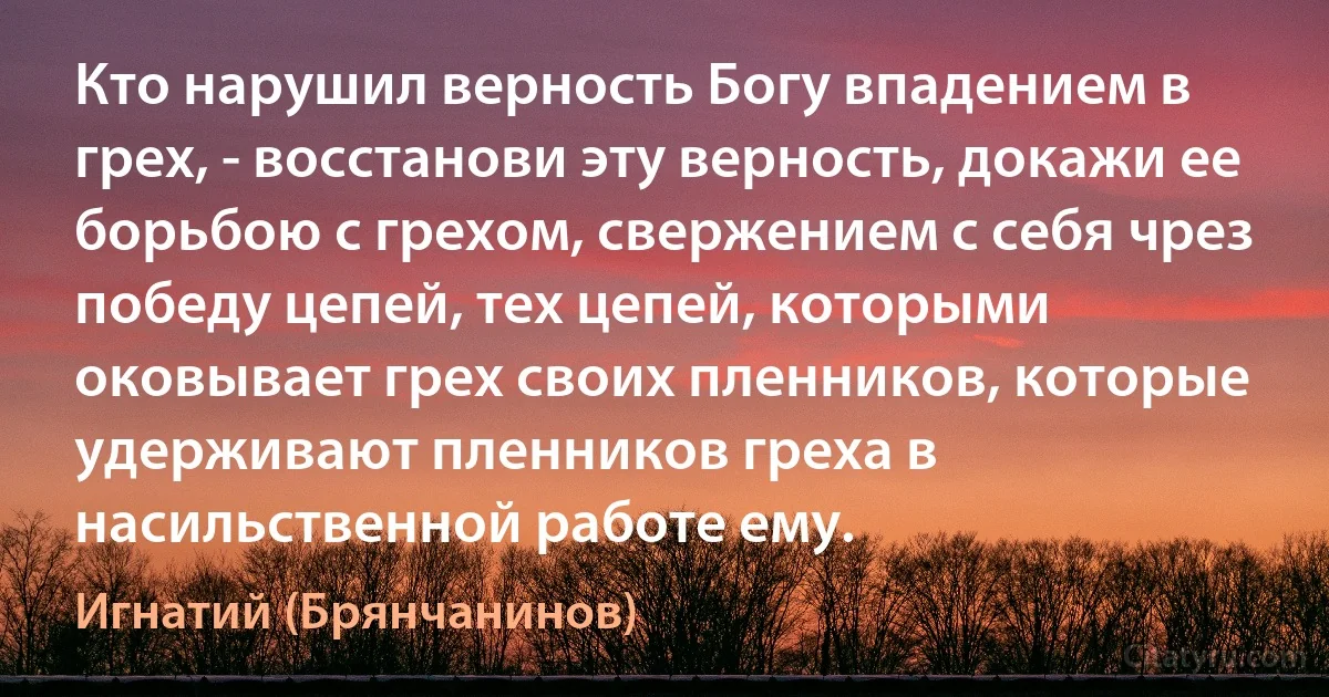 Кто нарушил верность Богу впадением в грех, - восстанови эту верность, докажи ее борьбою с грехом, свержением с себя чрез победу цепей, тех цепей, которыми оковывает грех своих пленников, которые удерживают пленников греха в насильственной работе ему. (Игнатий (Брянчанинов))
