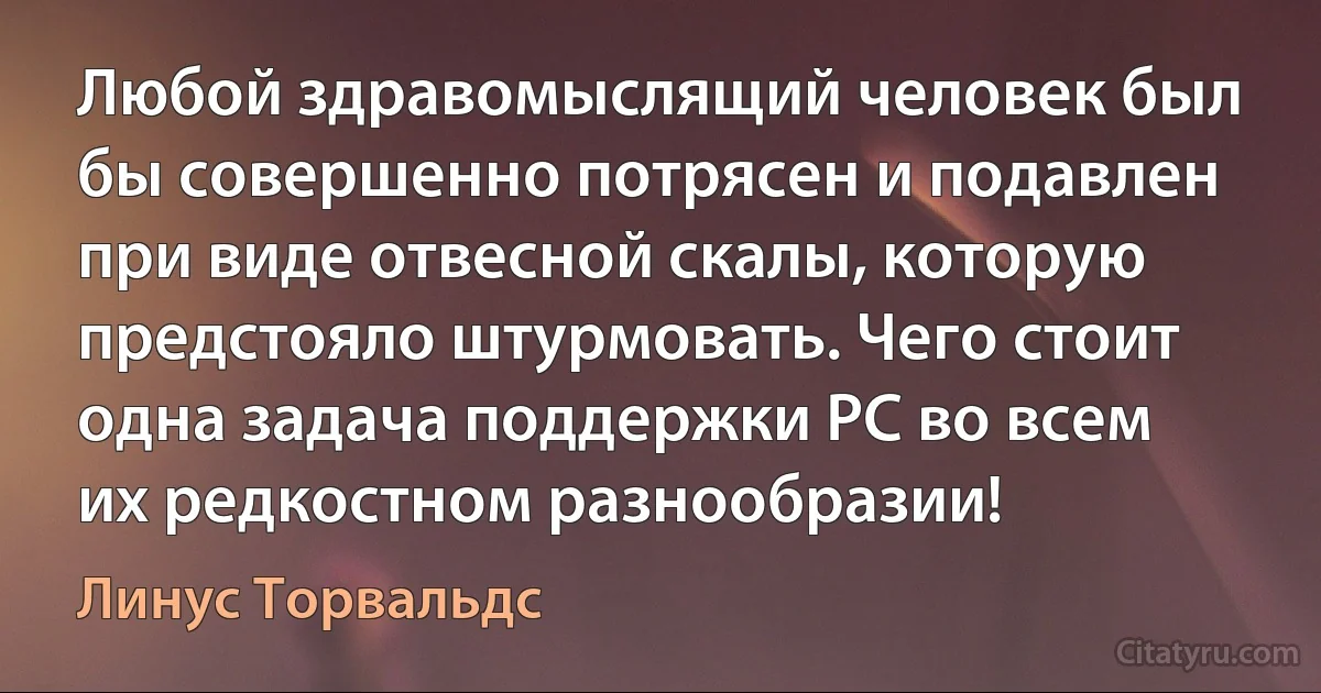 Любой здравомыслящий человек был бы совершенно потрясен и подавлен при виде отвесной скалы, которую предстояло штурмовать. Чего стоит одна задача поддержки PC во всем их редкостном разнообразии! (Линус Торвальдс)