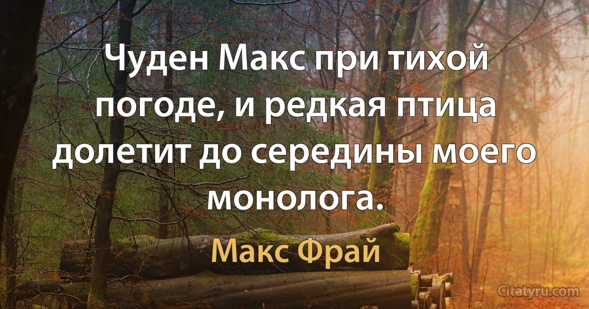 Чуден Макс при тихой погоде, и редкая птица долетит до середины моего монолога. (Макс Фрай)