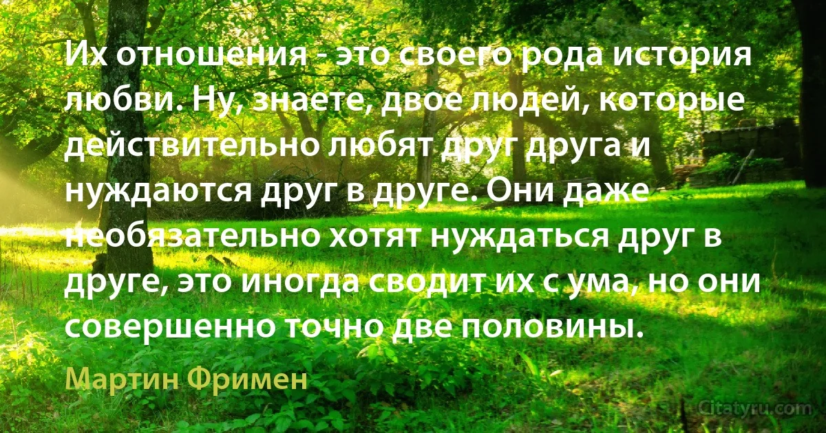 Их отношения - это своего рода история любви. Ну, знаете, двое людей, которые действительно любят друг друга и нуждаются друг в друге. Они даже необязательно хотят нуждаться друг в друге, это иногда сводит их с ума, но они совершенно точно две половины. (Мартин Фримен)