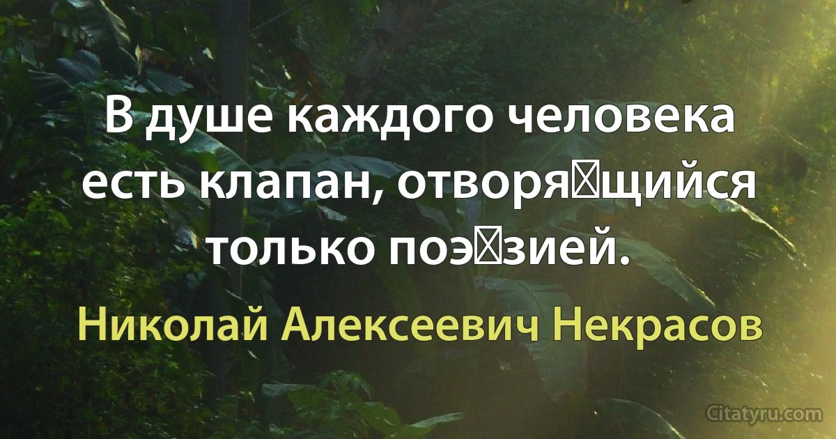 В душе каждого человека есть клапан, отворя‏щийся только поэ‎зией. (Николай Алексеевич Некрасов)