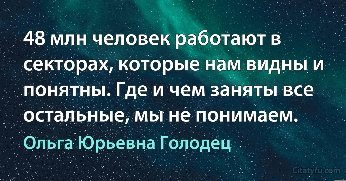 48 млн человек работают в секторах, которые нам видны и понятны. Где и чем заняты все остальные, мы не понимаем. (Ольга Юрьевна Голодец)