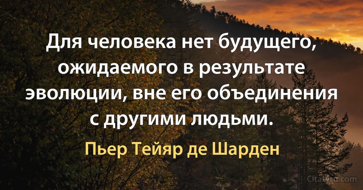 Для человека нет будущего, ожидаемого в результате эволюции, вне его объединения с другими людьми. (Пьер Тейяр де Шарден)