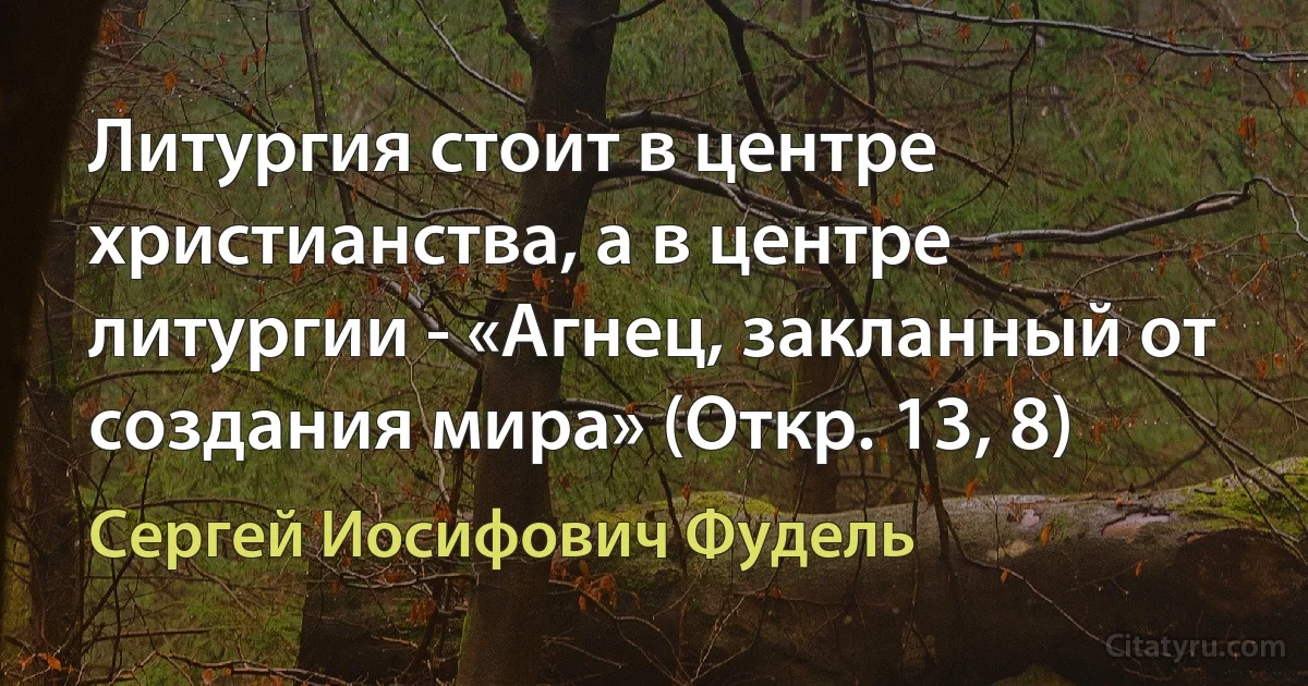 Литургия стоит в центре христианства, а в центре литургии - «Агнец, закланный от создания мира» (Откр. 13, 8) (Сергей Иосифович Фудель)