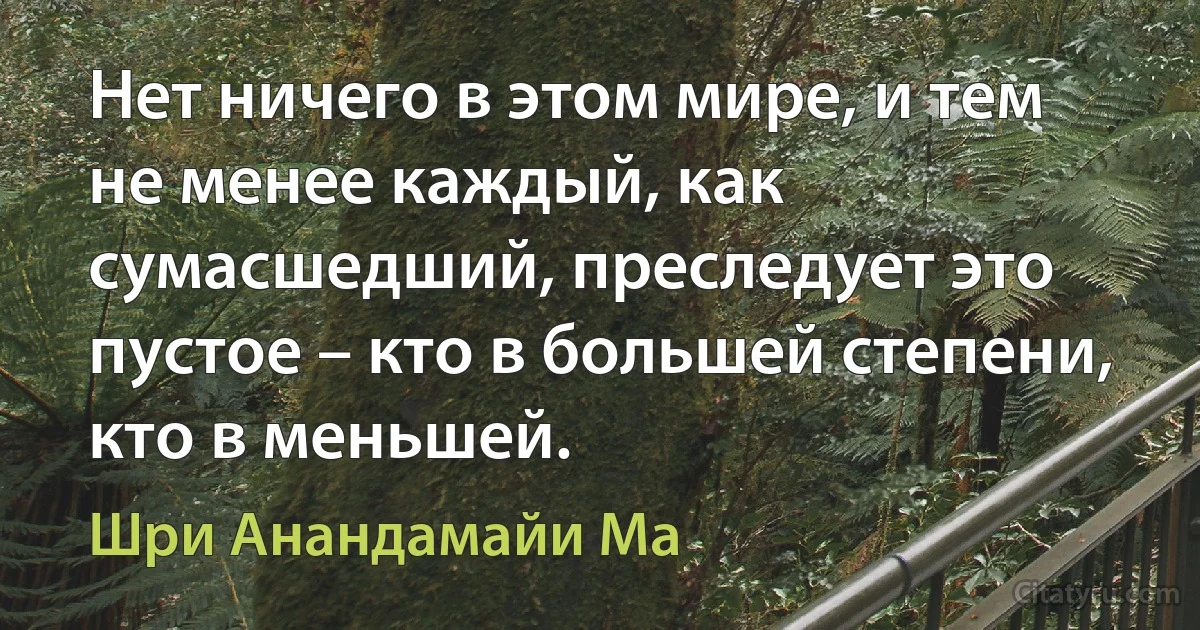 Нет ничего в этом мире, и тем не менее каждый, как сумасшедший, преследует это пустое – кто в большей степени, кто в меньшей. (Шри Анандамайи Ма)