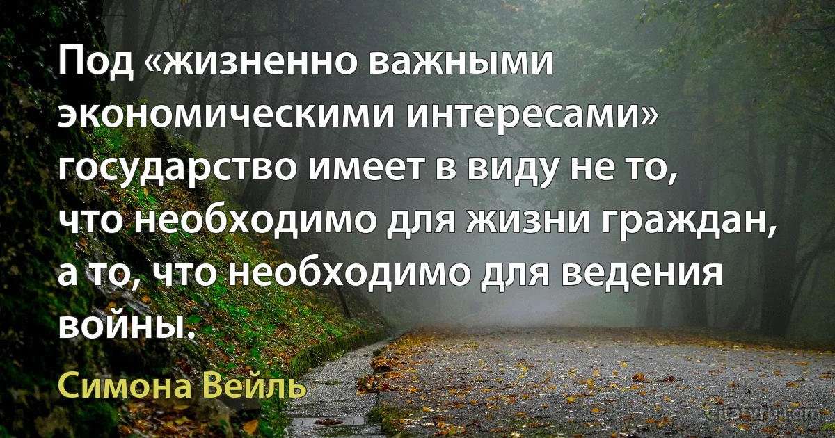 Под «жизненно важными экономическими интересами» государство имеет в виду не то, что необходимо для жизни граждан, а то, что необходимо для ведения войны. (Симона Вейль)